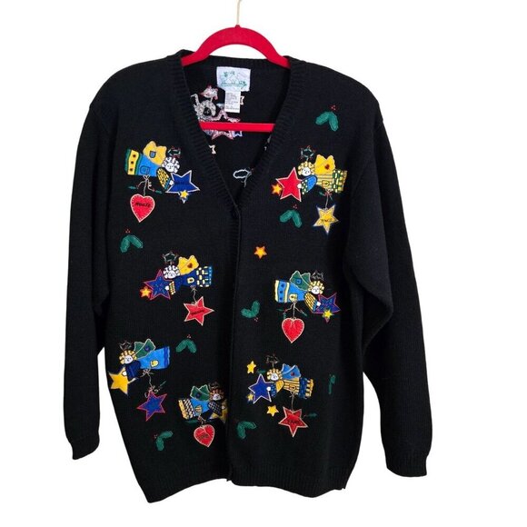 Quaker Factory Vintage Unique Angel Embroidered  V Neck Cardigan Sweater Size L - Picture 2 of 10